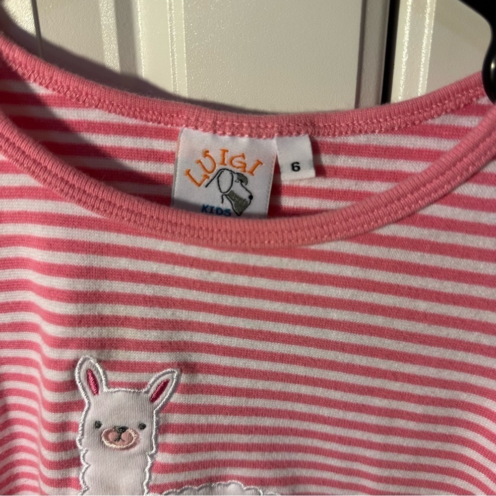 Llama embroidered appliqué size 6 white pink stripe girls short sleeve tee - Picture 3 of 4